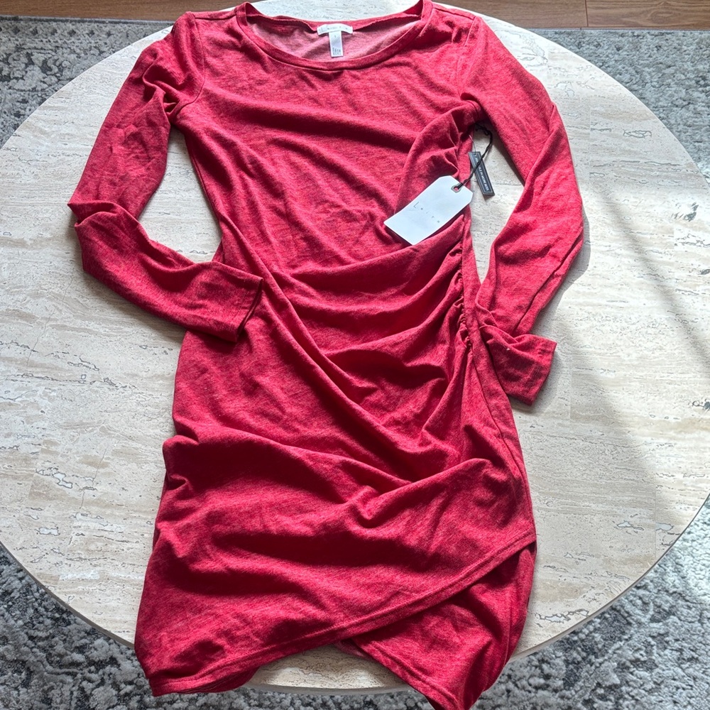 Leith Red Long Sleeve Ruched Side Scoop Neck Dress